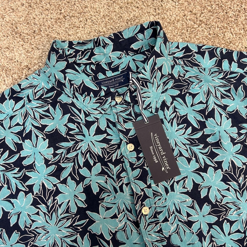 NWT Vineyard Vines Dockside Floral Printed Linen Shirt Men Size XL Navy Blue - Picture 9 of 9